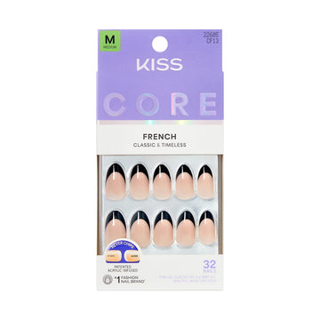 Kiss Core French Tip Press On Nails Almond, Full of Fun, Black, Medium, 32 Count