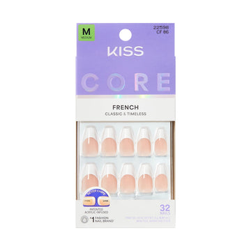 Kiss Core French Tip Press On Nails, Reunion, White, Medium Coffin, 32 Count