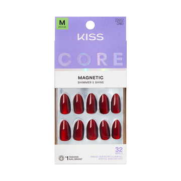 Kiss Core Magnetic Press On Nails Almond, Apple Blossom, Red, Medium Length, 32 Count