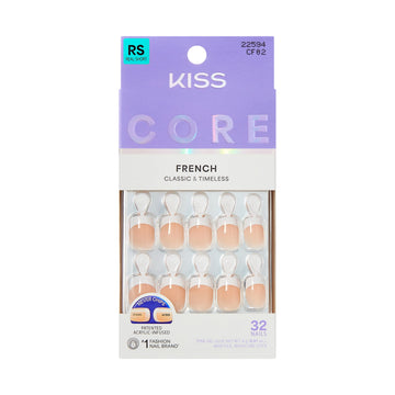 Kiss Core French Tip Press On Nails, If You Dare, White, Real Short Squoval, 32 Count