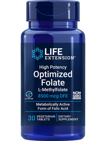 Life Extension High Potency Optimized Folate  L-methylfolate  Folic Acid, 8500 mcg DFE  Heart & Brain Support, Healthy Homocysteine Levels  Gluten-Free, Non-GMO, Vegetarian  30 Tablets