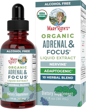 MaryRuth's Adrenal & Focus Liquid Drops Herbal Supplement, Eleuthero and Ginkgo Leaf, USDA Organic, Vegan, Gluten-Free, Dairy-Free, 1 Count, 1 fl oz