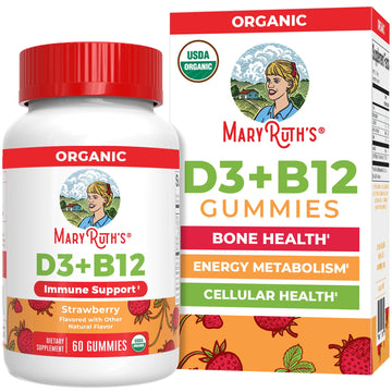 MaryRuth Organics Vitamin D3+B12 Gummies Organic Strawberry Vegan Gluten-Free Unisex Ages 2+, 60 Count