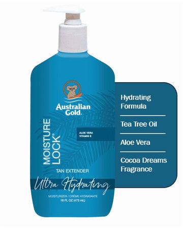 Australian Gold Moisture Lock Hydrating Tan Extender with Tea Tree Oil and Aloe Vera, Cocoa Dreams Scent, 16 Ounce