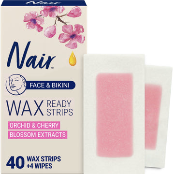 Nair Wax Ready Strips, Face and Bikini Hair Removal Wax Strips, Plus 4 Post Wipes, 40
Count