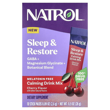 Natrol Sleep & Restore Calming Drink Mix, GABA, Magnesium Glycinate, Botanical Blend, Melatonin-Free, Essential For Your Ultimate Restorative Sleep, Cherry Flavored, 10 Stick Packs