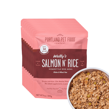 Portland Pet Food Company Wallys Salmon N Rice Fresh Dog Food Pouches Human-Grade, Gluten-Free Wet Pet Meal Toppers Mix-Ins & Meals - Large & Small Breed, Puppy to Senior - Made in the USA - 8 Pack