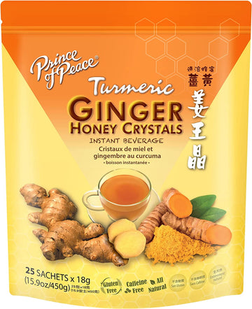 Prince of Peace Instant Ginger Tea Honey Crystals w/ Turmeric, 25 Sachets  Instant Hot Tea or Cold Tea Beverage  Easy to Brew