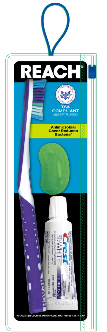 REACH Oral Care Travel Kit, Adult Toothbrush with Cap & Trial Size Toothpaste, TSA Compliant