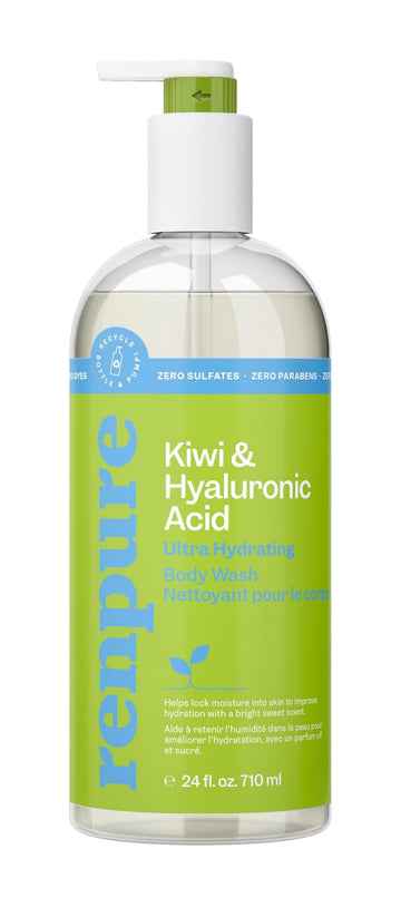 Renpure Kiwi and Hyaluronic Acid Ultra Hydrating Body Wash - Leaves Skin Moisturized - Rids Skin of Daily Grime - Gentle Formula - Dye and Paraben Free - Recyclable, Pump Bottle Design - 24 fl oz