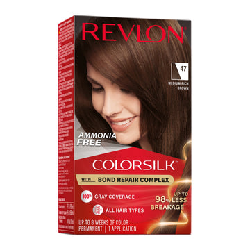 Revlon ColorSilk Permanent Hair Color, Bond Repair Complex, 47 Medium Rich Brown, 1 pack