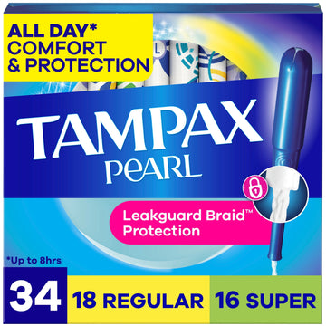 Tampax Pearl Tampons Duo Multipack with LeakGuard Braid, Regular/Super Absorbency, 34 Count