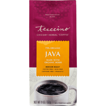 Teeccino Java Chicory Coffee Alternative - Ground Herbal Coffee Thats Prebiotic, Caffeine Free & Acid Free, Medium Roast, 11 Ounce