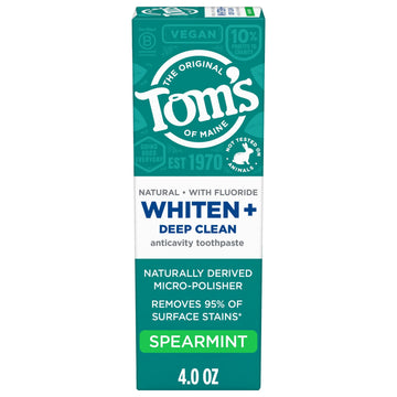 Toms of Maine Whiten Plus Deep Clean Natural Whitening Toothpaste with Fluoride, Spearmint, 4.0 oz
