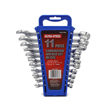Ultra Steel 11-Piece Combination Wrench Set, Metric, 6MM, 7MM, 8MM, 9MM, 10MM, 11MM, 12MM, 13MM, 15MM, 17MM, 19MM, Wall Hanging Case Included
