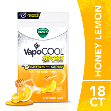 Vicks Vapo Cool Severe Menthol Sore Throat Drops for Sore Throat due to Cough, Honey Lemon, 18 Count