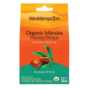 Wedderspoon Organic Manuka Honey Drops for Dry Throats, Eucalyptus & Bee Propolis, 20 Count