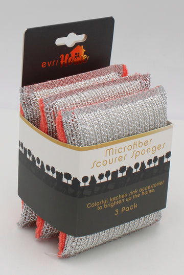 3PK MICROFIBER SCOURER SPONGES- CORAL AND GRAY NI